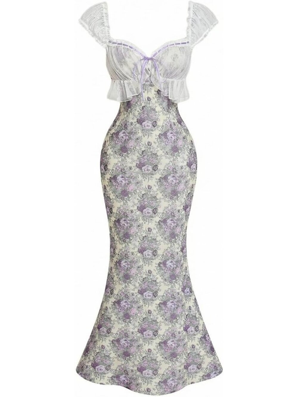 ✨Women's Purple Floral Mermaid Sweetheart Neck Lace Puff Sleeve Boho Maxi Dress